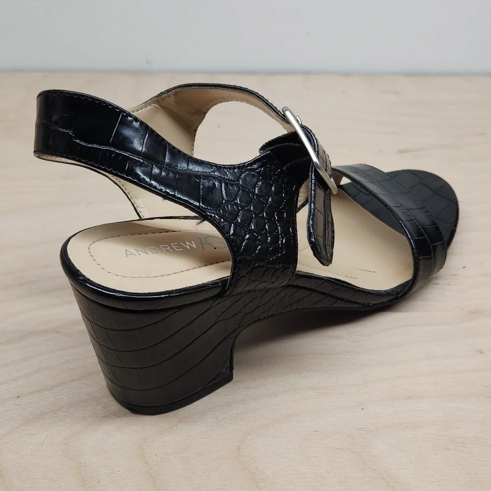Andrew Geller Burbank Black Crocodile Sandals Platforms Buckle Women's Sz 8 1/2M